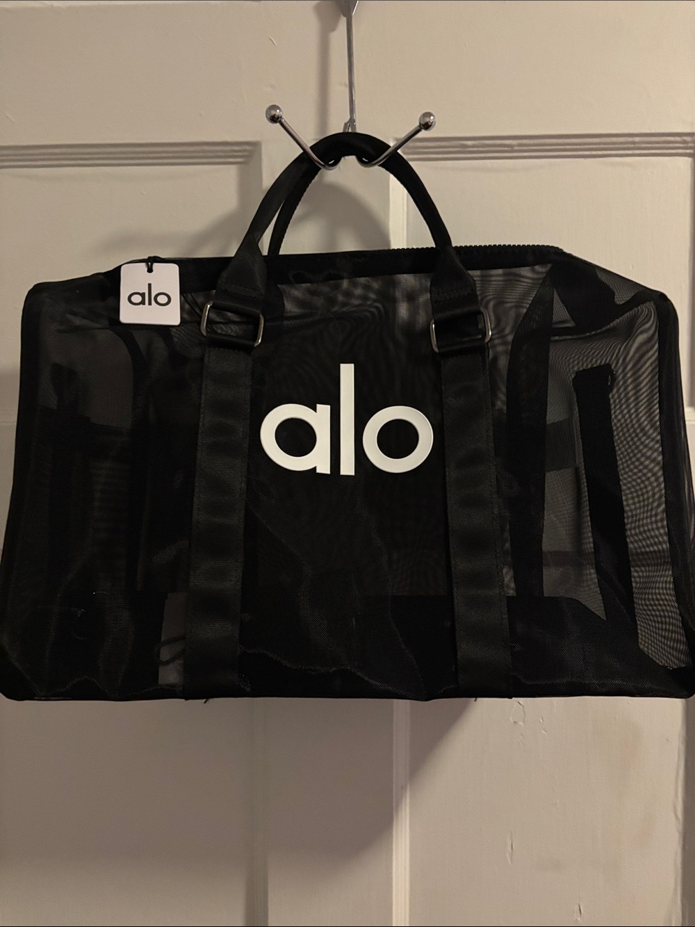 ALO Yoga Black Mesh Duffel with White Logo